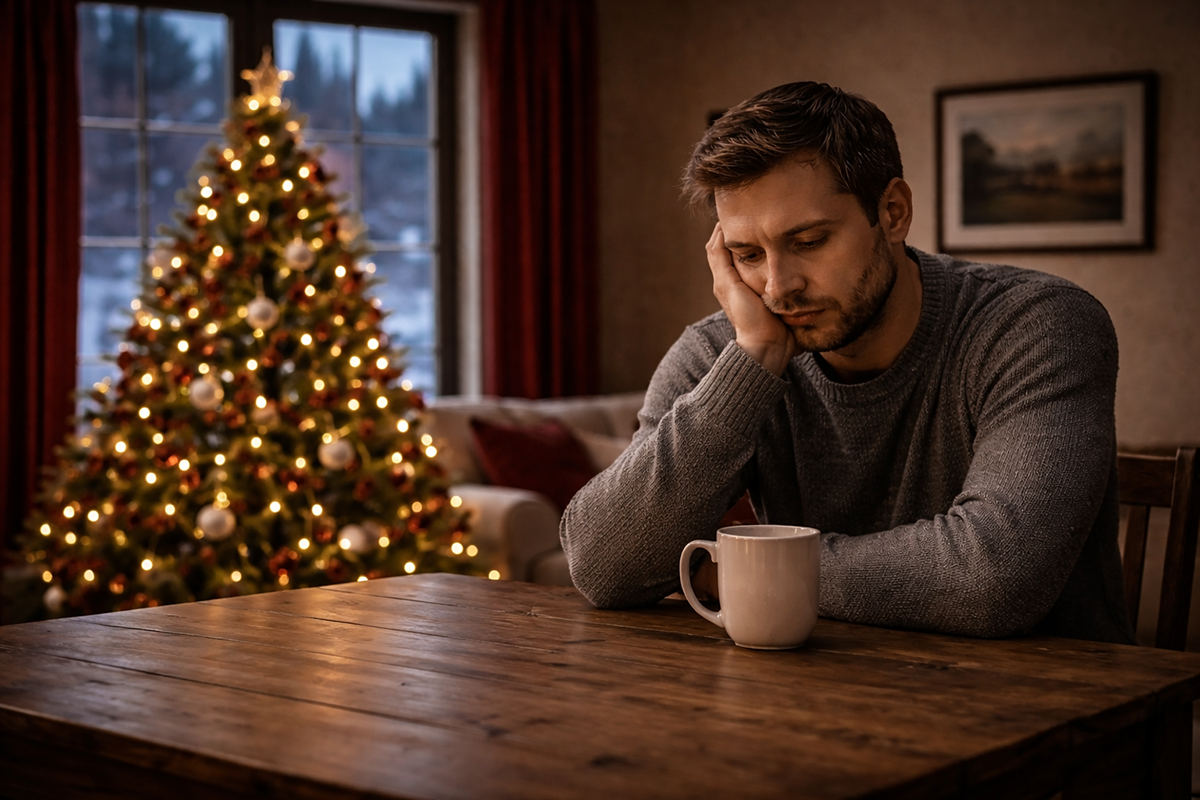Osamělý člověk během Vánoc, kdy radost nahrazuje ticho a prázdnota