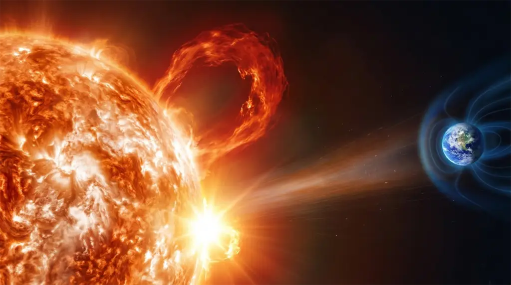 Dramatický pohled z vesmíru na aktivní Slunce s obrovskou protuberancí a erupcí, ze které proud energie směřuje k planetě Zemi.