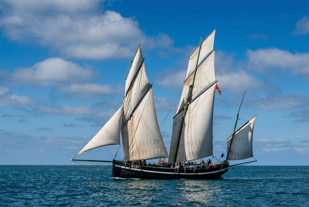 Tradiční třístěžňový lugger na širém moři pod jasnou oblohou