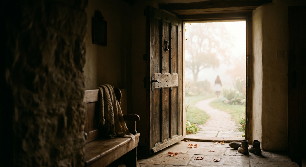 Pohled z tmavého interiéru starého domu pootevřenými dřevěnými dveřmi do prosvětlené podzimní zahrady v mlze, symbolizující tichý odchod a nový začátek.