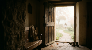 Pohled z tmavého interiéru starého domu pootevřenými dřevěnými dveřmi do prosvětlené podzimní zahrady v mlze, symbolizující tichý odchod a nový začátek.