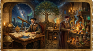 Ilustrace učence v historické pracovně zkoumajícího astronomii a alchymii jako spojení magie a vědy.