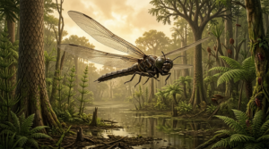 Detailní ilustrace obří pravěké vážky druhu Meganeura s velkým rozpětím křídel, letící nad močálovým pralesem v období karbonu.