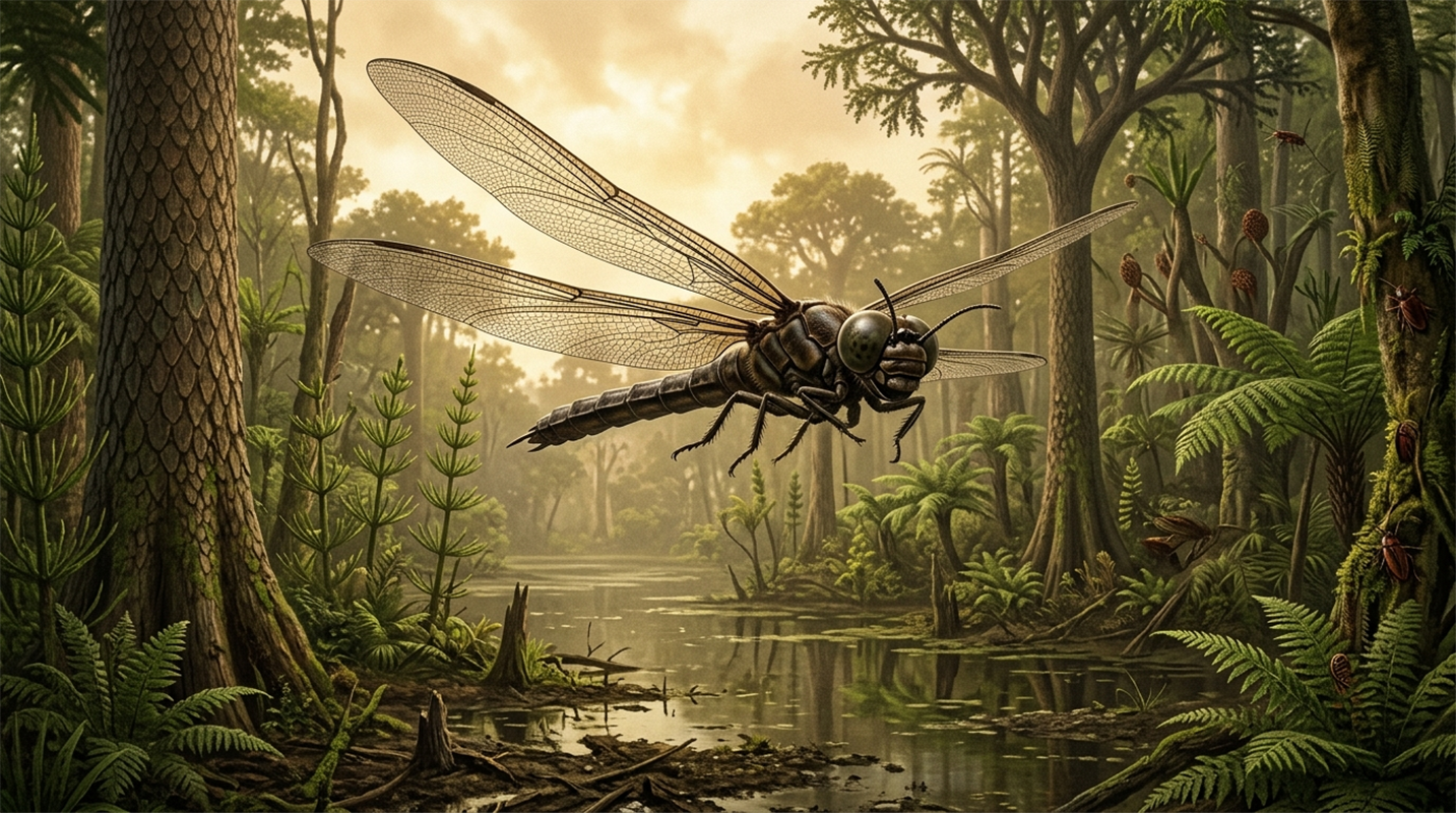 Detailní ilustrace obří pravěké vážky druhu Meganeura s velkým rozpětím křídel, letící nad močálovým pralesem v období karbonu.