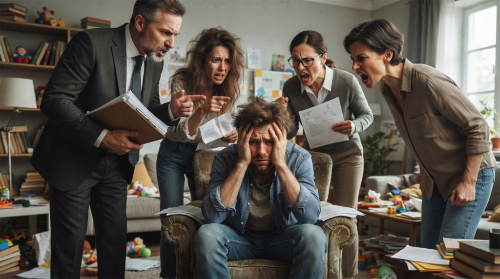 Vyčerpaný a zoufalý muž sedí v křesle, drží se za hlavu a je obklopený čtyřmi křičícími, rozzlobenými lidmi (šéf, manželka, učitelka), kteří na něj ukazují a vyčítají mu dokumenty. Ilustrace syndromu vyhoření a tlaku v dospělosti.